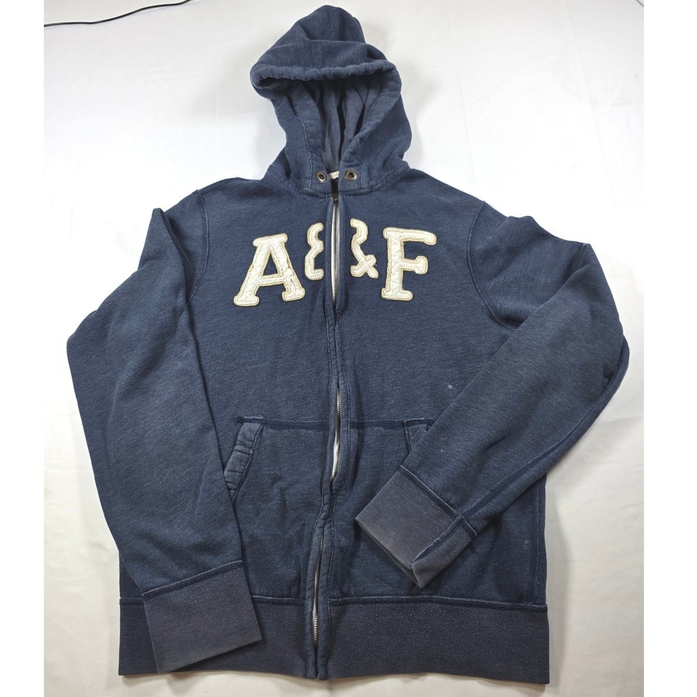 Y2K Abercrombie & Fitch Mens XL Navy Blue Full Zip Large Logo Hoodie Distressed